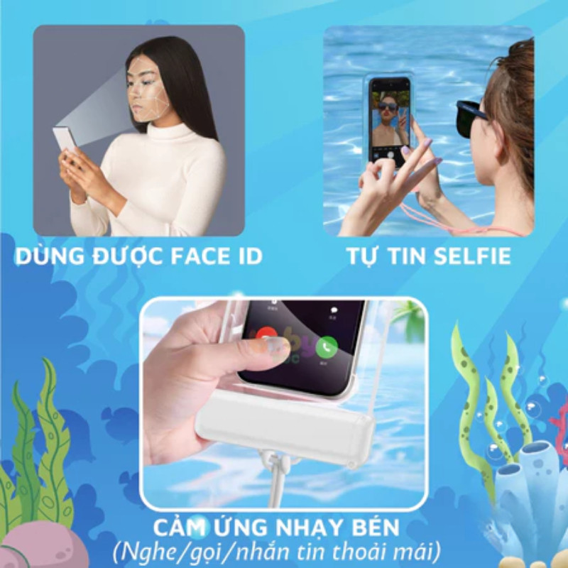 Túi chống nước IPX8 trong suốt, cảm ứng nhạy, nhận diện Face ID/Vân tay, Lý tưởng đi biển, bơi lội