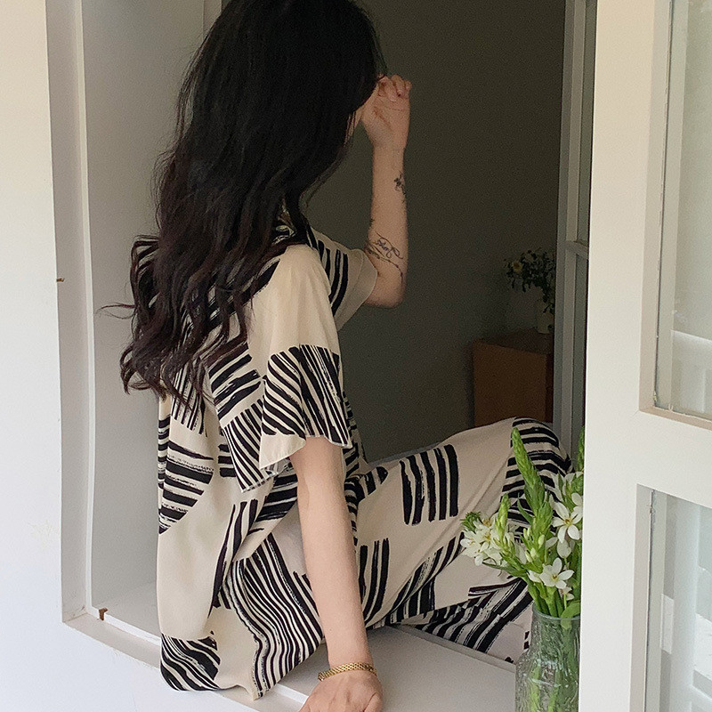 Bộ Đồ Ngủ Nữ Mùa Hè Cotton Lụa, Phong Cách Mới Sọc, Kích Thước Lớn, Phù Hợp Làm Loungewear