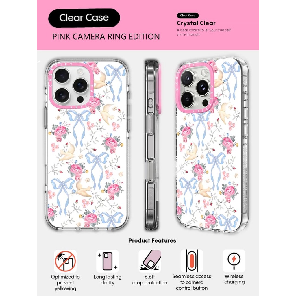 CASECASE X Vỏ nơ chim HỒNG CAMERA PHIÊN BẢN RING Tác động Vỏ hút từ tính trong suốt cho iPhone 16 / 15 / 14 / 13 Pro Max với bao bì cao cấp