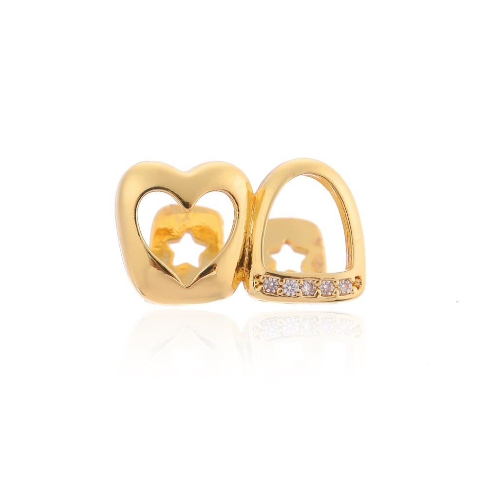 MERIGGIARE Hip Hop Răng Grillz, Trang Sức Răng Zircon Sáng Bóng Màu Vàng, Đồng Trái Tim Rỗng Đôi Trái Tim Grillz Nữ