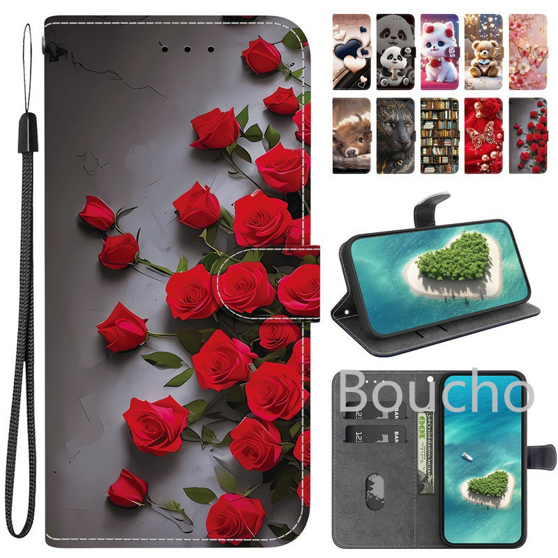 Dành Cho OPPO A5 A5X A5i A3 A60 A79 A18 A38 A58 A78 A17 A17K A57 A77 A77S A16 A54 A55 A96 A76 A74 A95 A52 A92 4G 5G Hồng Bơ Hoa Hồng Ví Lật Bao Da Thẻ Điện Thoại