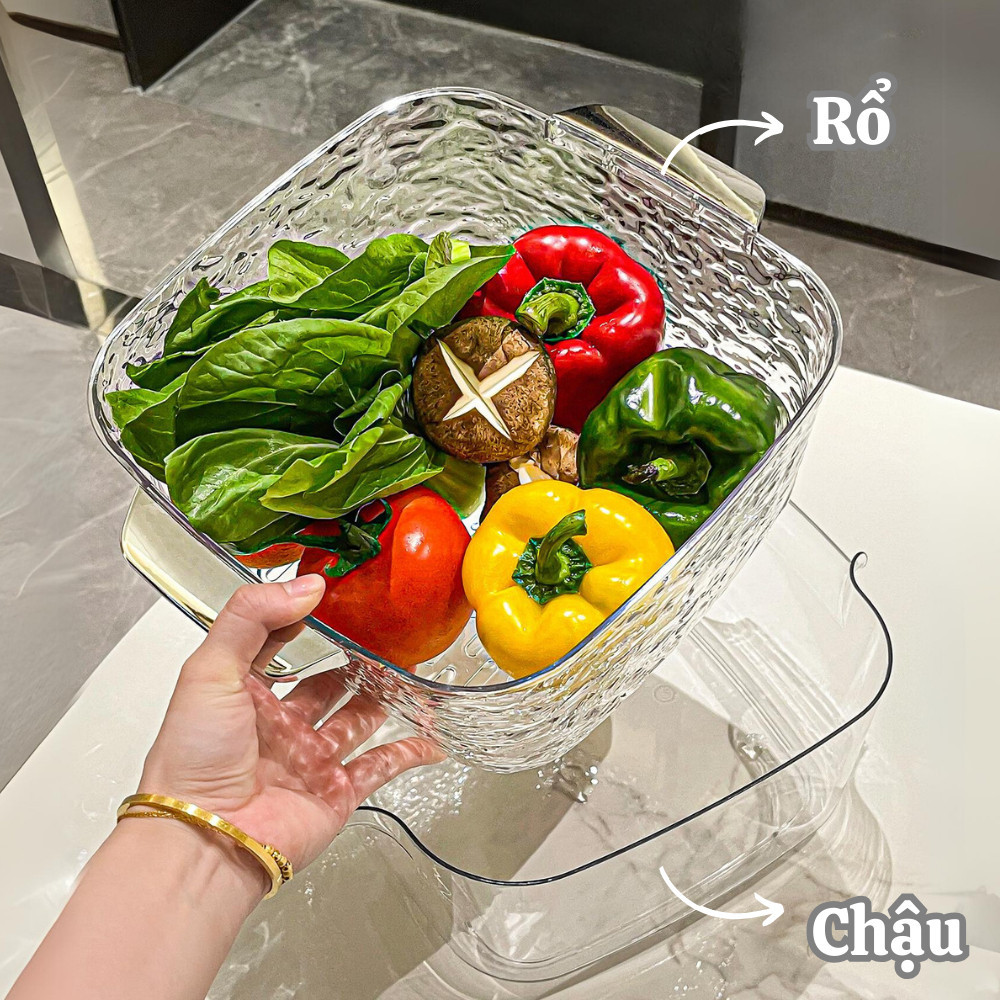 Rổ rửa rau củ kim cương thiết kế hai lớp dày dặn có lỗ thoát nước, chất ...
