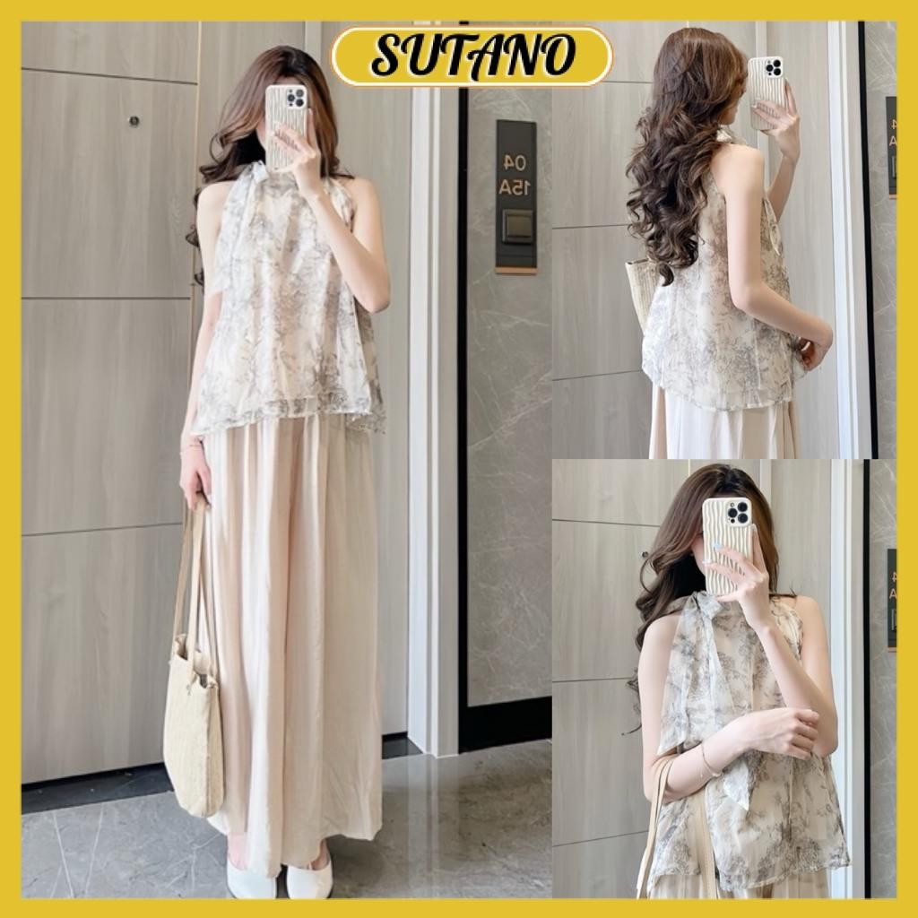 Set bộ quần áo yếm set bộ yếm voan tơ họa tiết hoa kèm quần suông đũi mềm tiểu thư sang chảnh B402 SUTANO | BigBuy360 - bigbuy360.vn