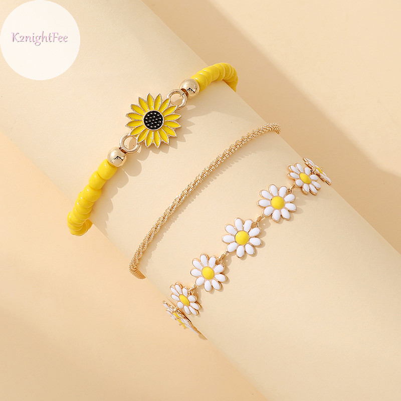 K2nightfee 3 Chiếc Dễ Thương Hoa Cúc Mặt Dây Chuyền Vòng Chân Bộ Dành Cho Nữ Bohemian Đính Hạt Hướng Dương Xếp Chồng Dây Tay Phụ Kiện Trang Sức VN