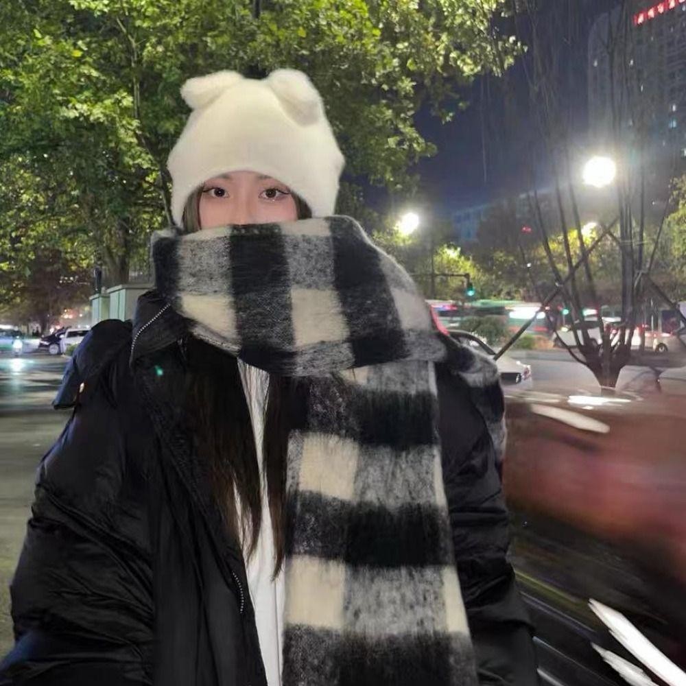 Khăn quàng cổ tua dài LAKA, Khăn choàng Cashmere mùa đông họa tiết sọc ấm áp, Khăn choàng dày mềm mại kẻ sọc Mohair Quấn nữ