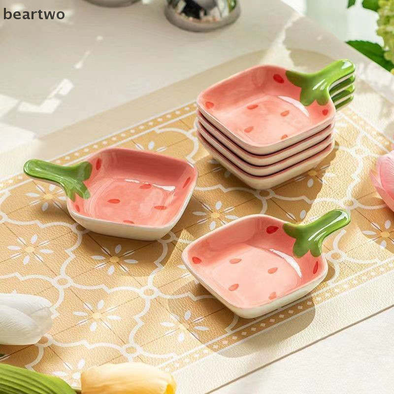 < Beartwo > Đĩa nhúng dâu hoạt hình siêu dễ thương Hộ gia đình Đĩa gốm ba chiều sốt cà chua Đĩa ăn nhẹ Vinaigrette Đẹp