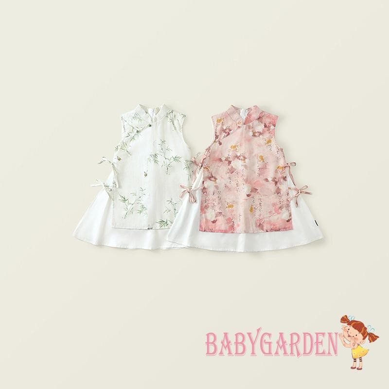 Baga-kids Cô Gái Qipao Đầm Phong Cách Trung Hoa In Tre Thắt Nơ Giả Cổ Không Tay Mùa Hè Xe Tăng Đầm