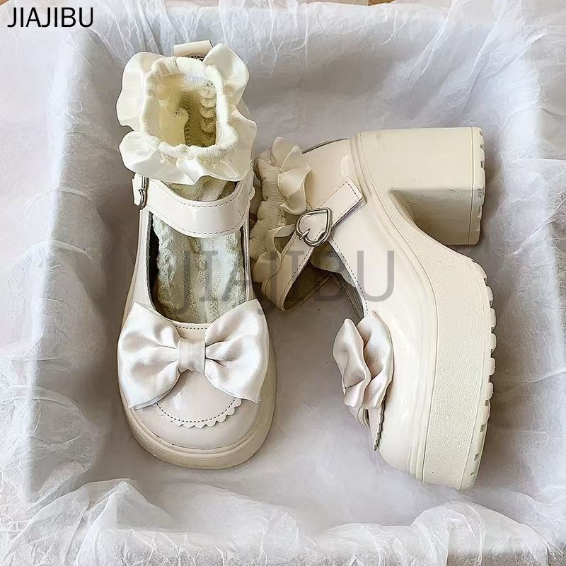 Size 34-44 Giày Nữ Cỡ Lớn 43 Giày Da Gót Dày Chống Trượt Phong Cách Anh Quốc 42 Giày Lolita Mũi Tròn Chống Trượt Korean Fashion Platform Mary Jane Shoes Giày Đi Học Cao Gót Màu Đen JK Nhật Bản Đồng Phục Nơ Cosplay Công Chúa Giày Heart Buckle Doll Shoes
