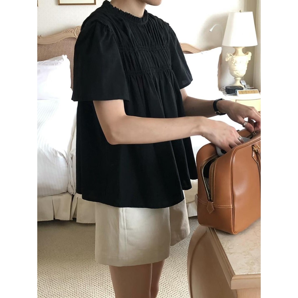 Suxi Ren Đứng Cổ Xếp Ly Rời Áo Sơ Mi Babydoll Cổ Tròn Tay Ngắn 241008