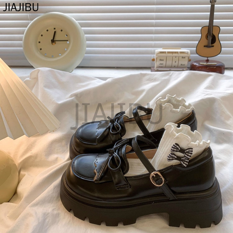 Giày Da Gót Dày Màu Nâu Phong Cách Anh Quốc Giày Nữ Chất Lượng Cao Giày Công Chúa Nơ Cổ Điển Korean Fashion Platform Mary Jane Shoes Giày Đi Học Màu Đen Japanese JK Uniform Cosplay Doll Shoes Giày Lolita Đế Mềm Mũi Tròn Chống Trượt Giày Mũi To