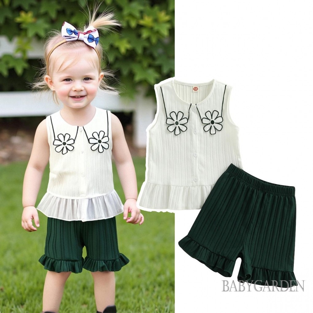 / / -6M-4Y Bé Gái Mùa Hè Bộ Màu Sắc Tương Phản Họa Tiết Hoa Cổ Tròn Áo Không Tay Và Quần Short Xù