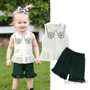 / / -6M-4Y Bé Gái Mùa Hè Bộ Màu Sắc Tương Phản Họa Tiết Hoa Cổ Tròn Áo Không Tay Và Quần Short Xù
