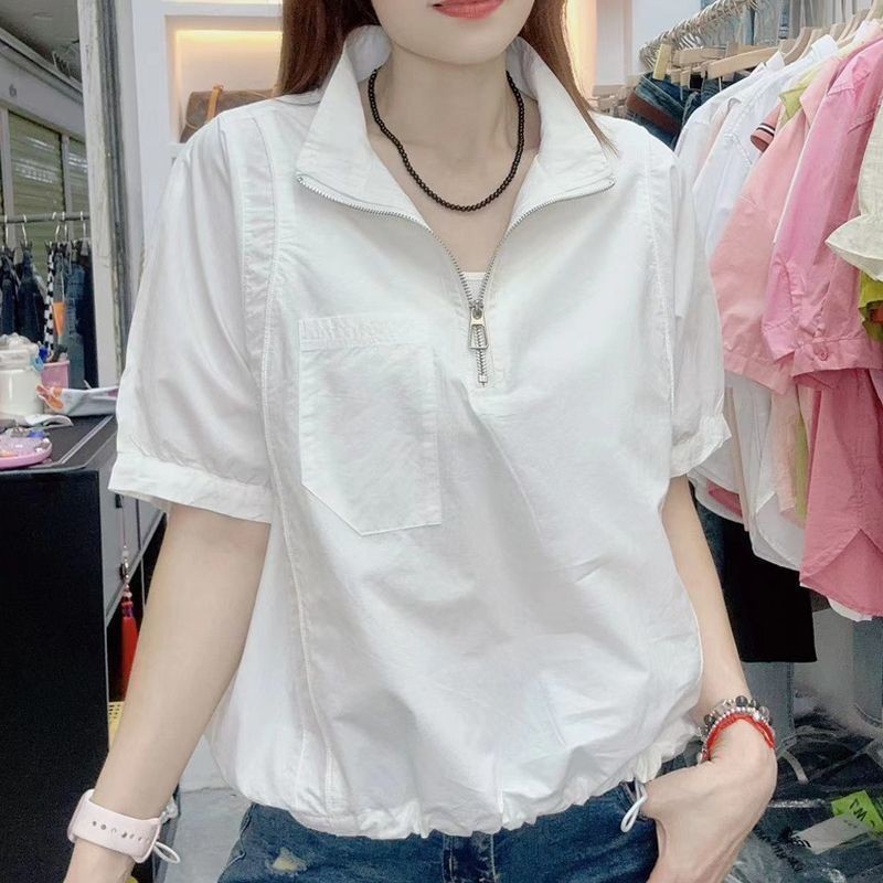 Áo sơ mi ngắn tay dây kéo ve áo sơ mi mùa hè 2025 thời trang mới dáng rộng cho nữ