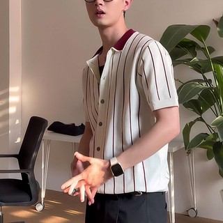Áo sơ mi nam phong cách Hàn Quốc, họa tiết sọc, short sleeve, chất liệu dệt kim, phù hợp mùa hè