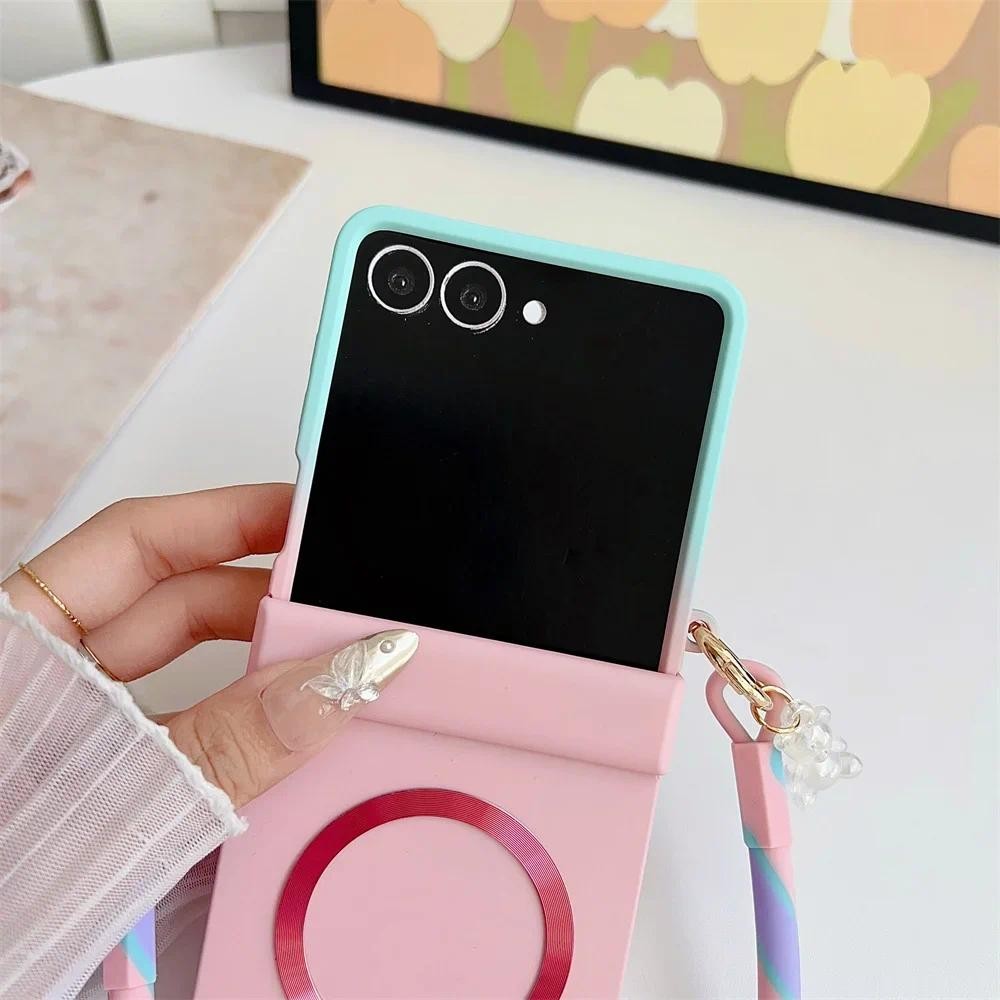 Ốp Điện Thoại Bảo Vệ Bản Lề Mờ Cho Samsung Galaxy Z Flip7 Flip 7 6 5 4 3 5G Màu Kẹo Chuyển Đổi Dây Đeo Tay