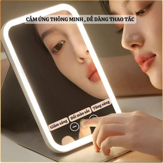 Gương Trang Điểm Đèn LED Cảm Ứng 3 Chế Độ, Gương Makeup Gấp Gọn Chỉnh Ánh Sáng Có Sạc USB Tiện Lợi