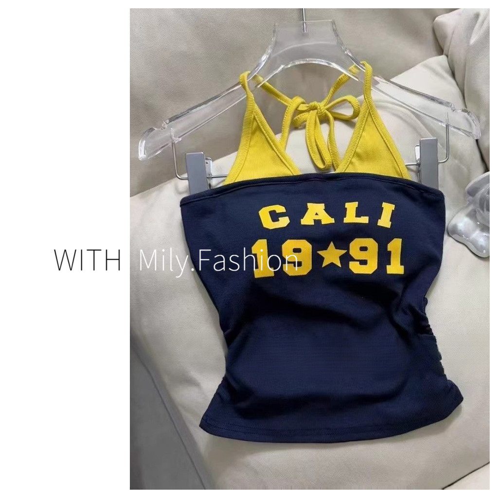 Milyfashion Bộ Quần Áo Nữ Two-Piece Có Miếng Lót Ngực và Màu Sắc Đối Lập, Dây Buộc Cổ