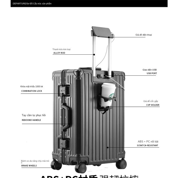 Valy du lịch đẹp thời trang Vali khung nhôm Valy kéo 360 độ Vali mật khẩu Va li du lịch bền chắc Bánh xe xoay êm ru – 6