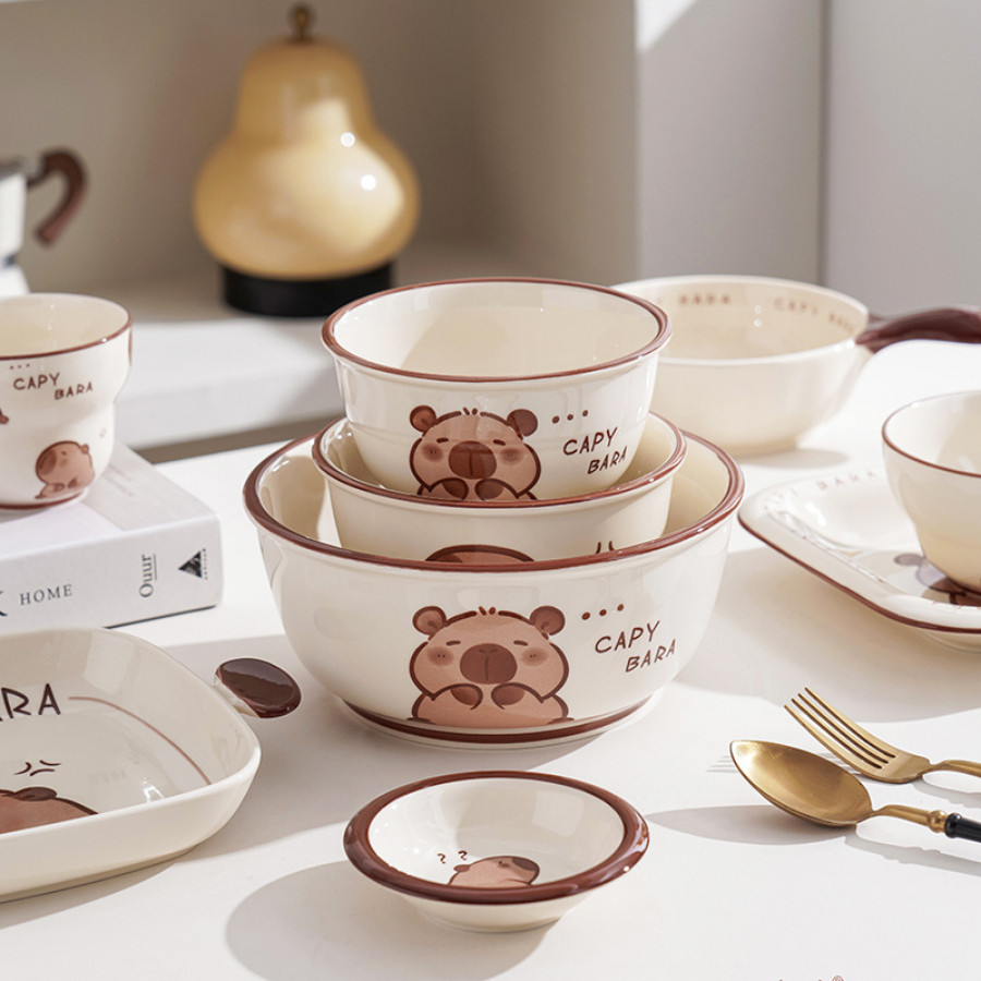 Bát Đĩa Sứ Capybara Đáng Yêu, Bát Ăn Cơm, Bát Ăn Chè, Chén Dĩa Dễ Thương SET016
