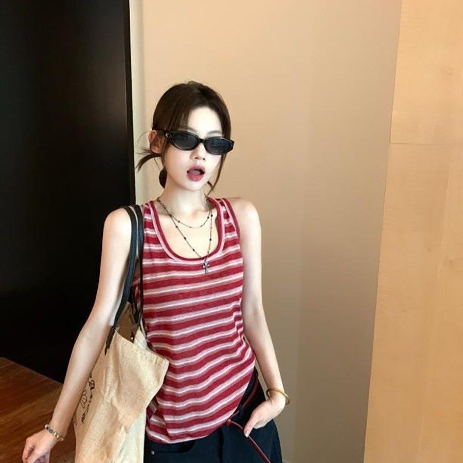 Sling Nữ Retro Sọc Đỏ Cổ Dây Gợi Cảm Mỏng Độc Đáo