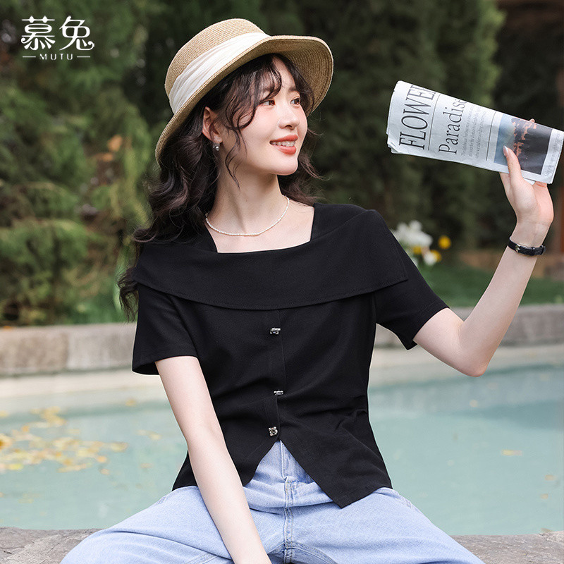 Mutu Phong Cách Pháp Cổ Vuông Ngắn Tay Nữ Mùa Hè 2026 Phong Cách Mới Nhẹ Nhàng Phong Cách Slim-Fit Ngắn Slit Áo Sơ Mi Nhỏ Top