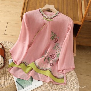 Áo sơ mi thêu vải lanh cotton mùa hè, phong cách Trung Quốc, thiết kế sườn xám với nút ếch