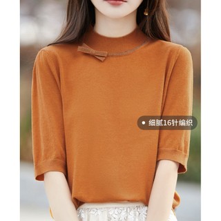 Áo len nữ cổ tròn tay ngắn mỏng, phong cách Hàn Quốc, phù hợp mùa xuân hè