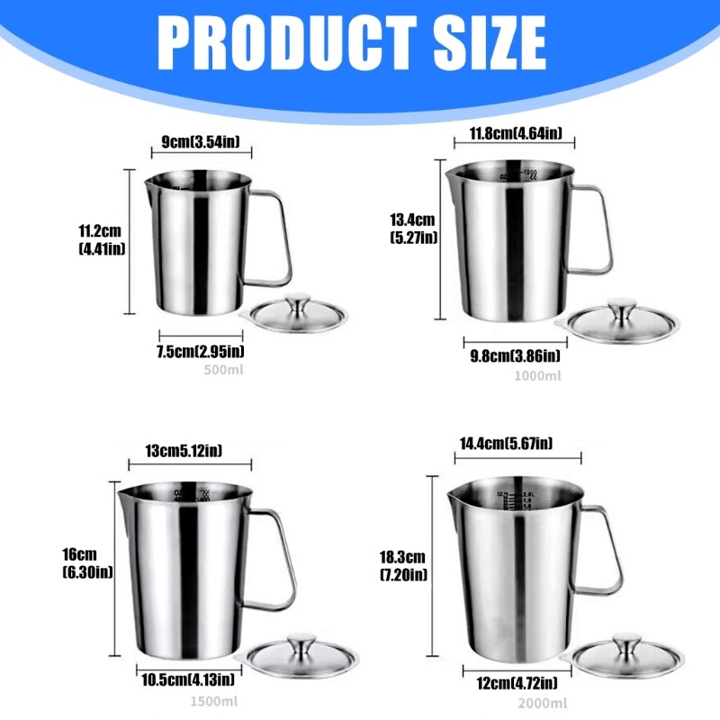 Bình đo thiết yếu PPY Cafes có nắp khóa 500ml 1000ml 1500ml 2000ml Tùy chọn Thép không gỉ Materia
