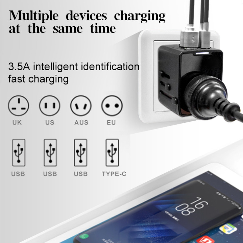 [Hàng có sẵn] Bộ chuyển đổi du lịch đa năng với 3 cổng USB Bộ chuyển đổi nguồn sạc nhanh Type C Phích cắm EU / UK / USA / AUS cho du lịch toàn cầu