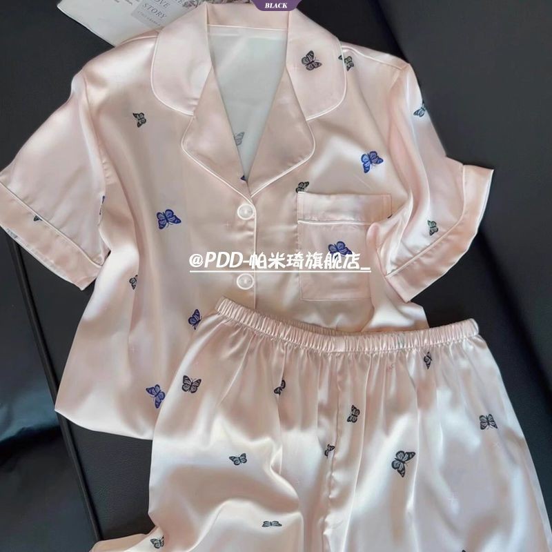 Bộ đồ ngủ Hello Kitty chấm bi mùa hè, băng lụa ngắn tay, quần short hoạt hình dành cho sinh viên nữ.