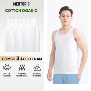 COMBO 3 Áo thun ba lỗ nam trắng Mentoris, chất liệu 95% cotton, tôn dáng, thể thao, thấm hút mồ hôi CB3MC02