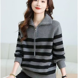 Áo len nữ sọc dài tay, dáng rộng, phong cách Hàn Quốc, mùa xuân thu đông