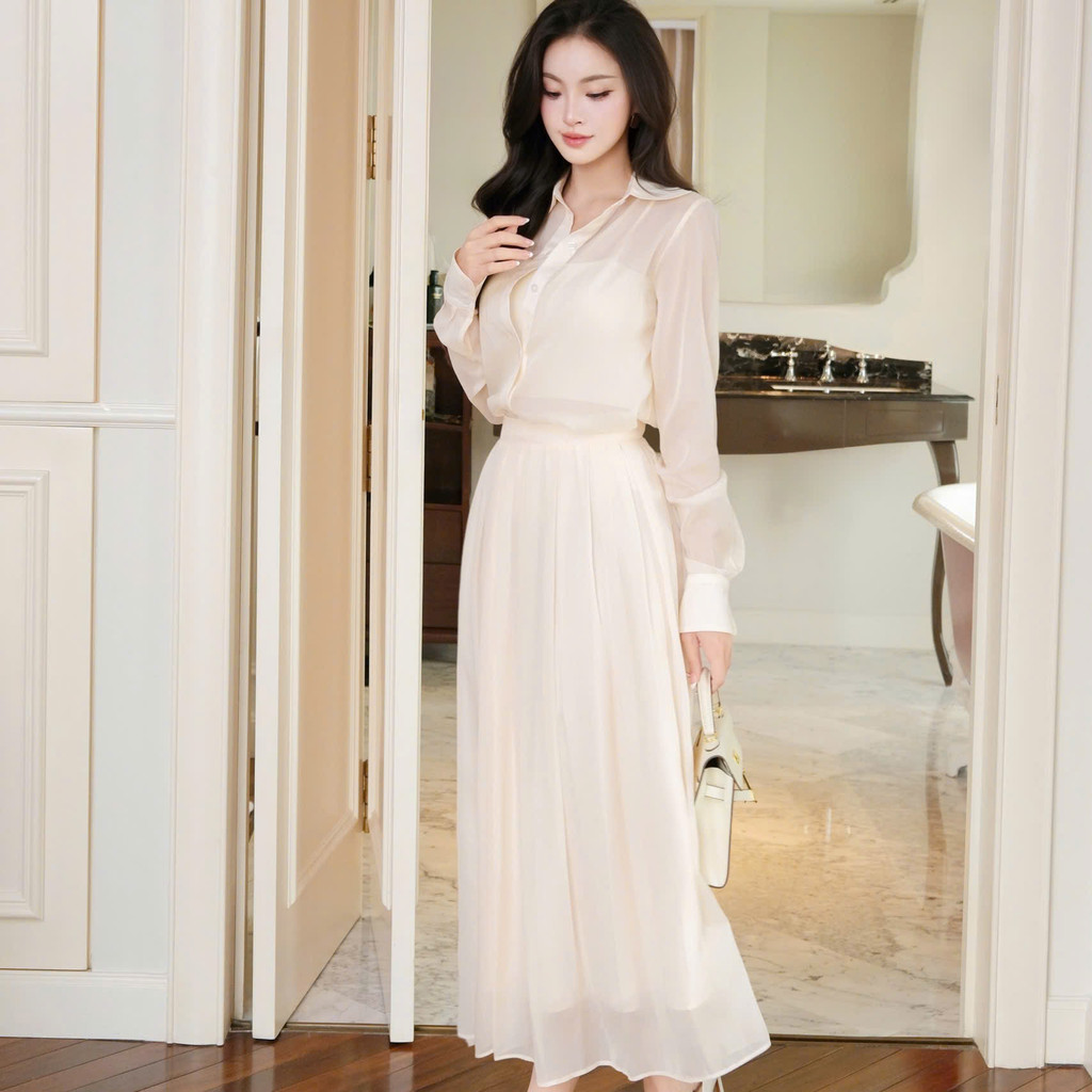 Set Masara gồm áo sơ mi và chân váy dài xòe tằm kem có kèm áo lót phong cách thanh lịch MS860