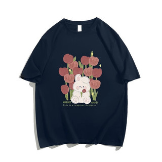 Áo thun ngắn tay màu hồng đậm chất cotton nguyên chất dành cho nữ áo dáng rộng