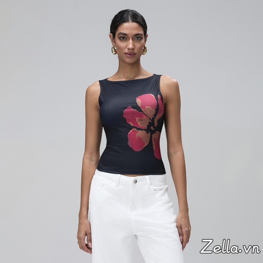 Áo Tank Nữ Trang Bị In Hoa Cổ Thuyền Không Tay Mùa Hè Crop Vest