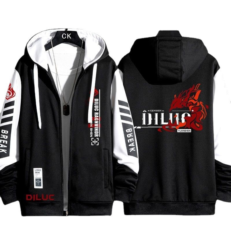 5y Genshin Tác Động Trò Chơi Diluc Áo Khoác Dây Kéo Áo Khoác Áo cardigan Áo Len Unisex Dài Tay Top Cosplay