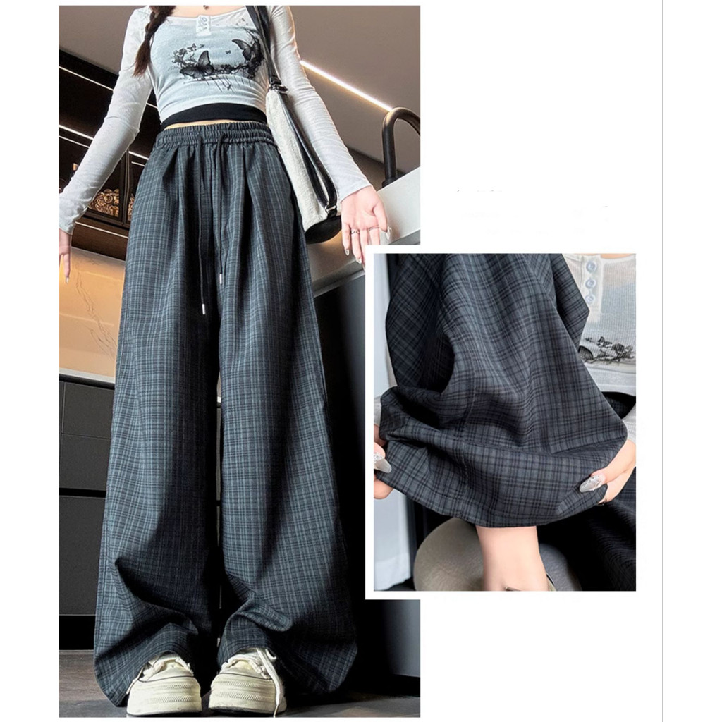 Suxi Thu Đông Mới Retro Ca rô Drape Quần ống rộng eo cao Quần thẳng nữ 240911