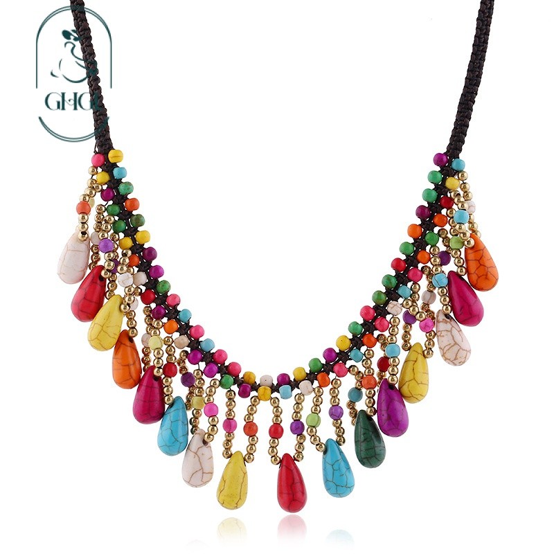 Ghgl❤️Bohemian Phong Cách Dân Tộc Vòng Cổ Nữ Xương Đòn Dây Xích Xanh Đỏ Xanh Ngọc Tua Rua Cổ Ngắn Vòng Chân Bộ Kỳ Nghỉ