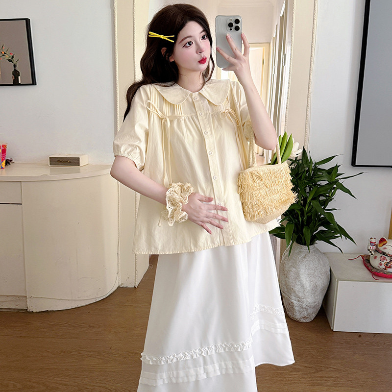 Bộ đồ bà bầu Áo sơ mi thiết kế dáng rộng mùa hè + Váy ren Bộ đồ hai mảnh
