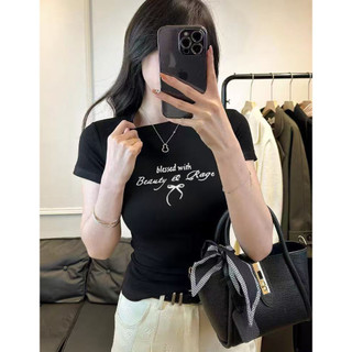 Áo thun ngắn tay mùa hè dành cho nữ, cổ tròn, form slim-fit phong cách Mỹ