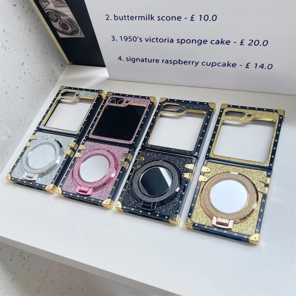 Mạ Bling Long Lanh Dễ Thương Nữ Tính Ốp lưng Gương Giá Đỡ Từ Tính Thích Hợp Cho Samsung Galaxy ZFlip 6 5 4 3 5G Ốp Lưng Bảo Vệ Vỏ Chống Sốc