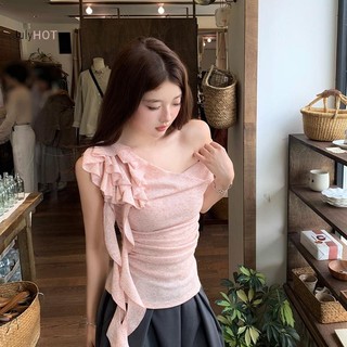 Áo Thun Mùa Hè Tay Ngắn Cho Nữ, Cổ Slanted Ruy Băng Hoa Và Vai Xếp Ly