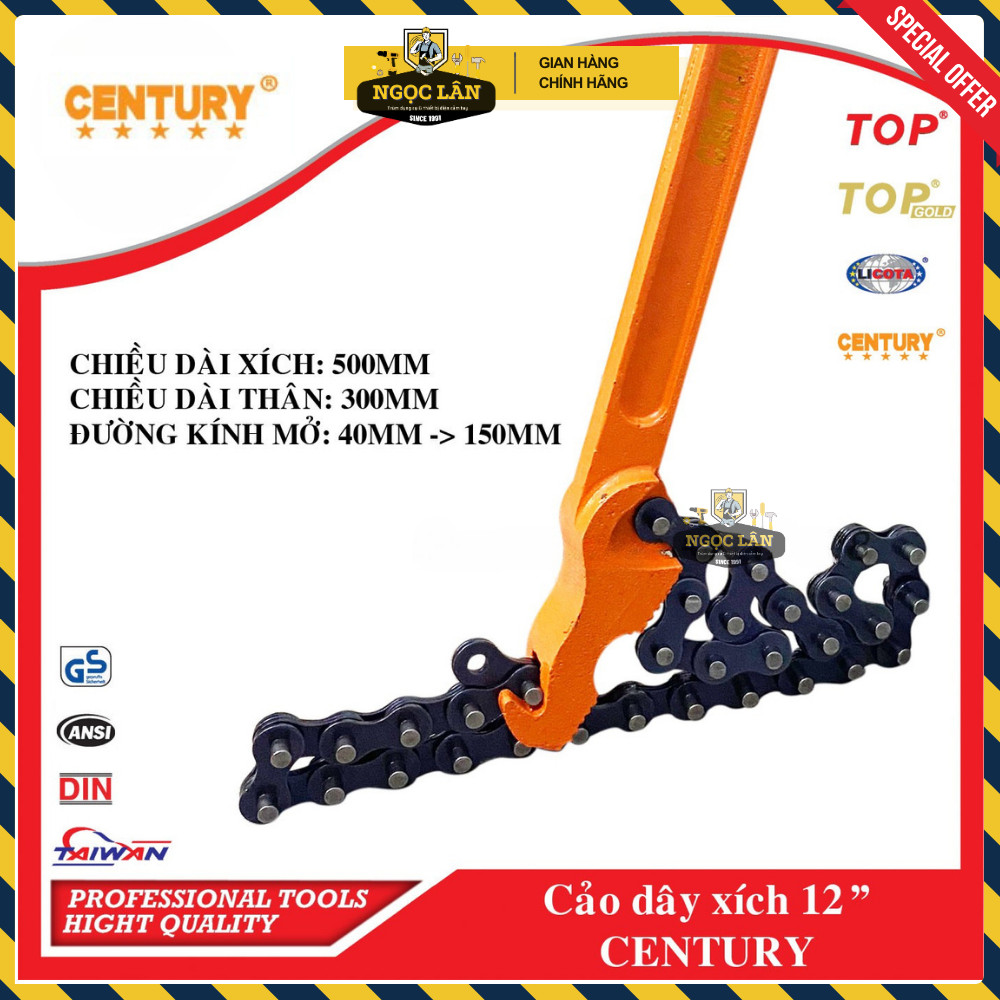 [Chính hãng] Cảo dây xích, cờ lê xích, mỏ lết xích CENTURY 12” 300mm thép CRV cao cấp