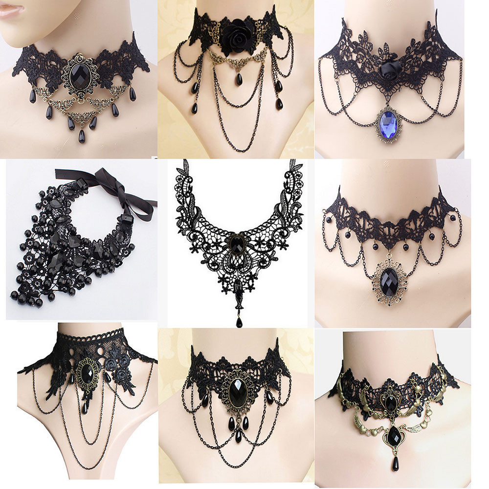 (1 cái)Vòng cổ Choker và vòng tay liền nhẫn hoa hồng phối ren phong cách Lolita