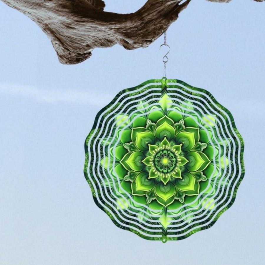 Máy quay gió Mandala xanh thanh lịch 3D - Chuông gió kim loại để trang trí sân vườn & sân hiên, không cần điện