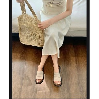 Giày Sandal Gót Chân Tròn Đế Bằng Nữ Vải Lanh Slip-On