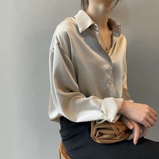 Áo Sơ Mi Nữ Trắng Satin Giả Lụa Dài Tay Rời