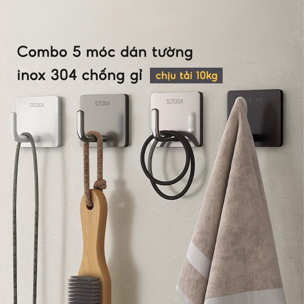 COMBO 5 Móc dán tường chịu lực inox 304 Móc treo đồ đa năng quần áo đồ dùng tiện ích