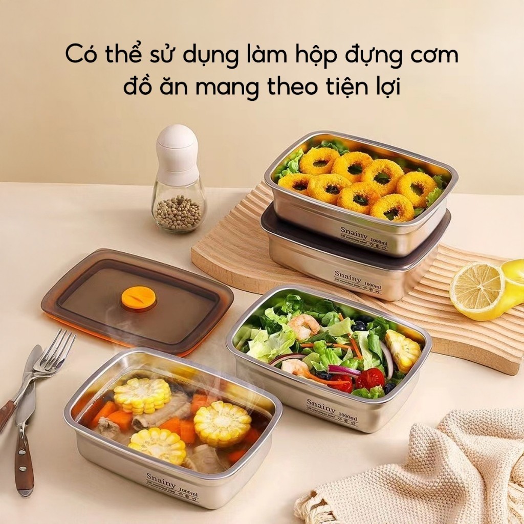 Hộp Đựng Thực Phẩm Inox Có Nắp Đậy Khay Đựng Đồ Ăn Để Tủ Lạnh Ngăn Mùi Bảo Quản Rau Củ Thịt