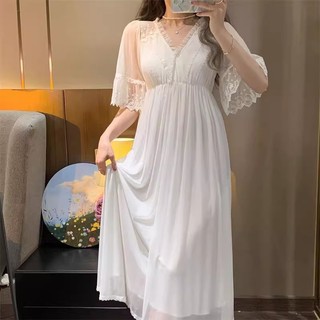 Phong Cách Cung Điện Gợi Cảm Với Miếng Lót Ngực Ren Cổ Chữ V Dài Tay Váy Ngủ Nữ Xuân Thu Cao Cấp Homewear Bộ Đồ Ngủ Váy Hơi Béo Size Lớn Quần Áo Nữ